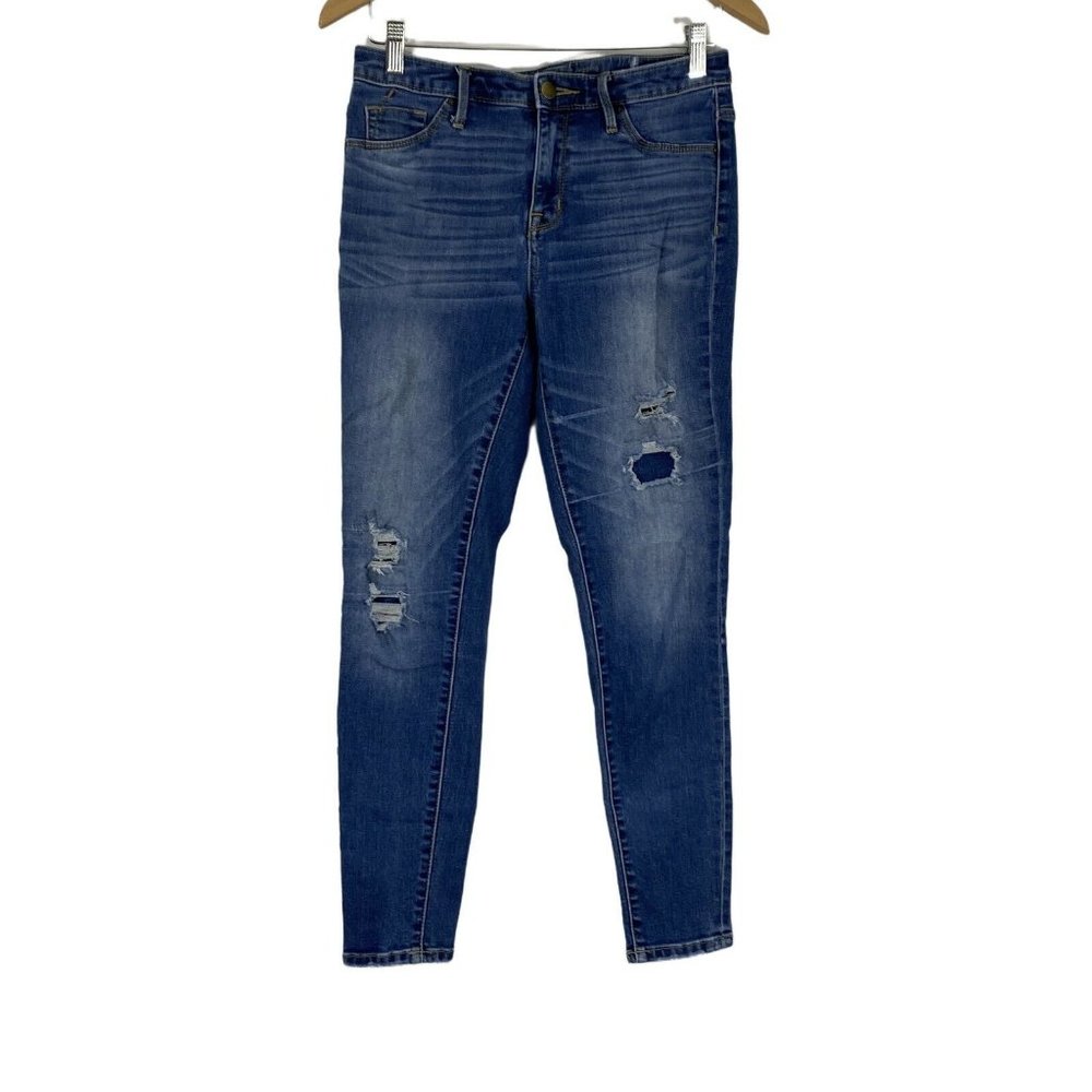 Mossimo Womens Blue High Rise Power Stretch Distressed Denim Jeans Size 6/28 R